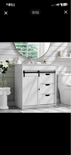 30" Farmhouse Vanity with Sink, 33.7" Tall with Sliding Barn Door, Wooden Floor Standing Cabinet w/3 Drawers & Adjustable Shelves