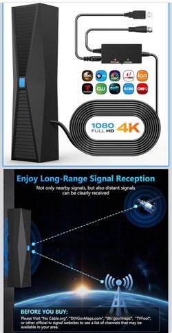 Antenna for smart TV, Long Range TV Antenna Indoor/Outdoor with 360° Signal Booster, Digital TV Antenna for Local Channels, Supports All Smart/Old TVs