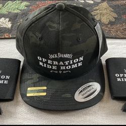 Jack Daniels Operation Ride Home Snap Back Cloth Camo Hat & 2 Can Cooler Koozies