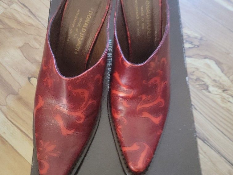 Donald J Pilner Perlie Red & Tan Italian Leather Western Mule Booties Size 6.5