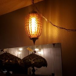 Amber Swag Lamp 70s Brass And Glass