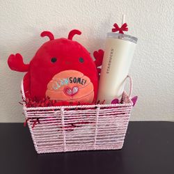 Squishmallows Aneta Lobster 8” Plush Valentine’s Day Starbucks  White Stainless Steel Cold Cup Tumbler Red Bow Top.  Gift basket included 