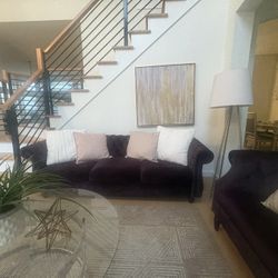velvet purple love seat and sofa + coffee table + rug everything 