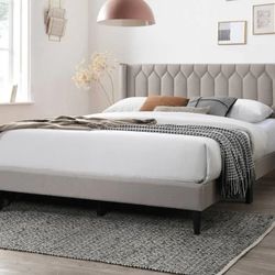 Queen size light brown bed with orthopedic mattress