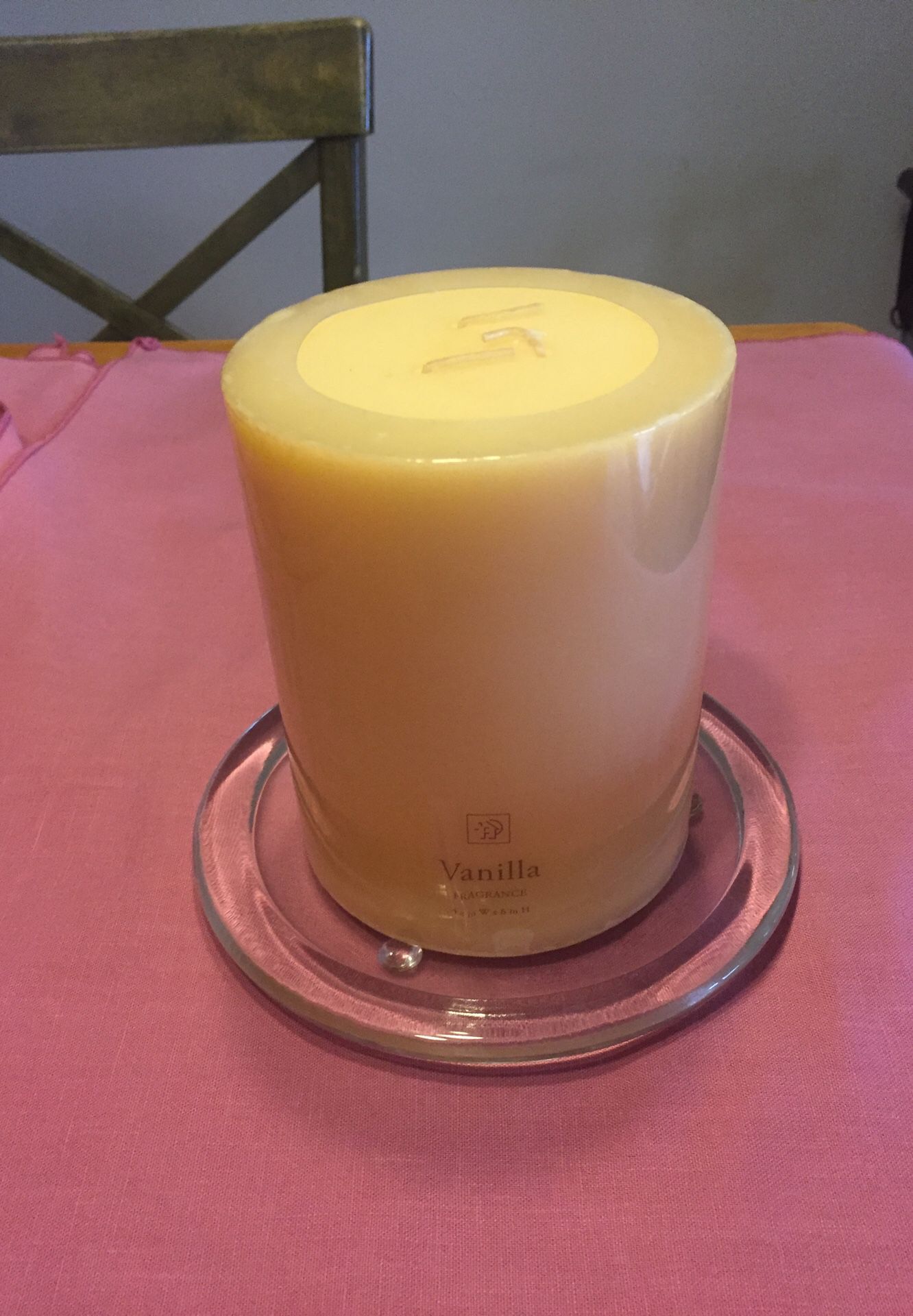 Large vanilla candle with holder $15