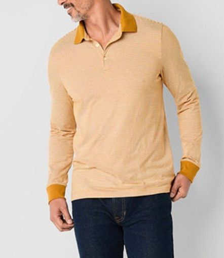 Men's Long Sleeves Honey Mustard Mini Striped Jersey Knit Polo Shirt
