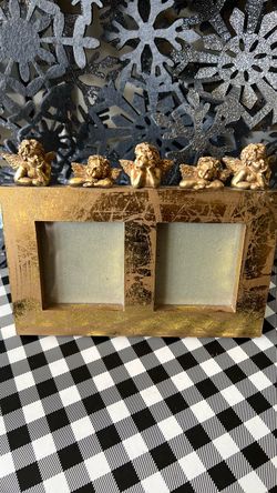 VTG (7.5X5.5”) Double Gold Frame Fits 2.25X2.25” Pics & 5 Cherub Angels Watching