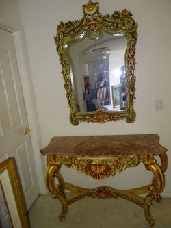 2 pc Italian marble top vintage table , mirror