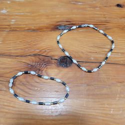 Set Of 2 Bracelets with Black, & Pearl White, & Gold Tone Beads ~ 10 In & 7.5 In