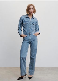Mango MNG Denim Utility Jumpsuit Size Small Light Wash