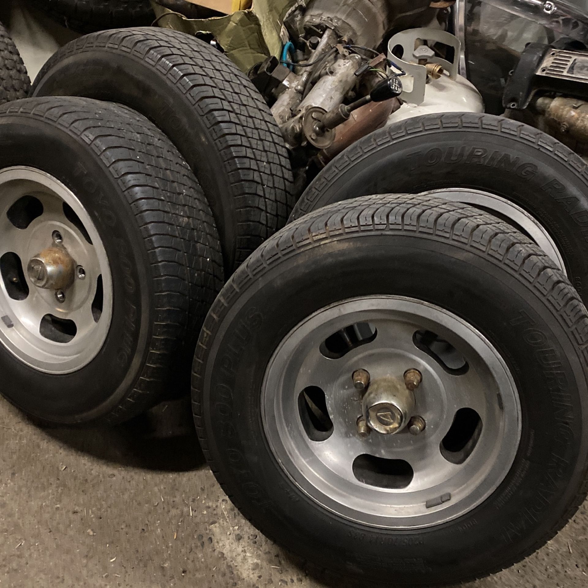 Datsun 240Z 14 inch slotted alloy wheels and radial tires set up for