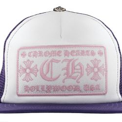 chrome hearts purple / pink hollywood trucker hat