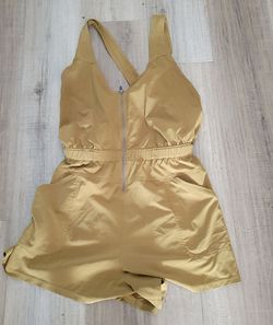 Tan Zip-Front Romper with Elastic Waist