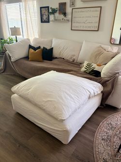White Fabric Sectional Sofa with Ottoman