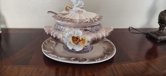 Elegant Vintage Porcelain Soup Tureen with Gold Trim & 3D Flower