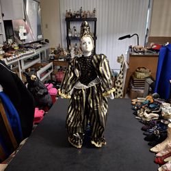 Porcelain Harlequin Doll Vintage 80's to 90's Dressed In Traditional Black & Gold Costume W/Jester Style Hat, Porcelain Head, Hands & Feet Bendable 16