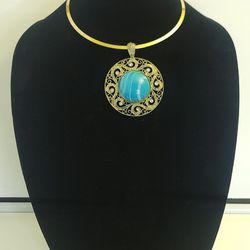 Turquoise BLUE And Gold Choker Pendant Necklace