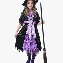 URATOT Halloween Witch Costume Set Include Dress Hat Broom Tutu Skirt Over Knee High Socks for Halloween Cosplay Party