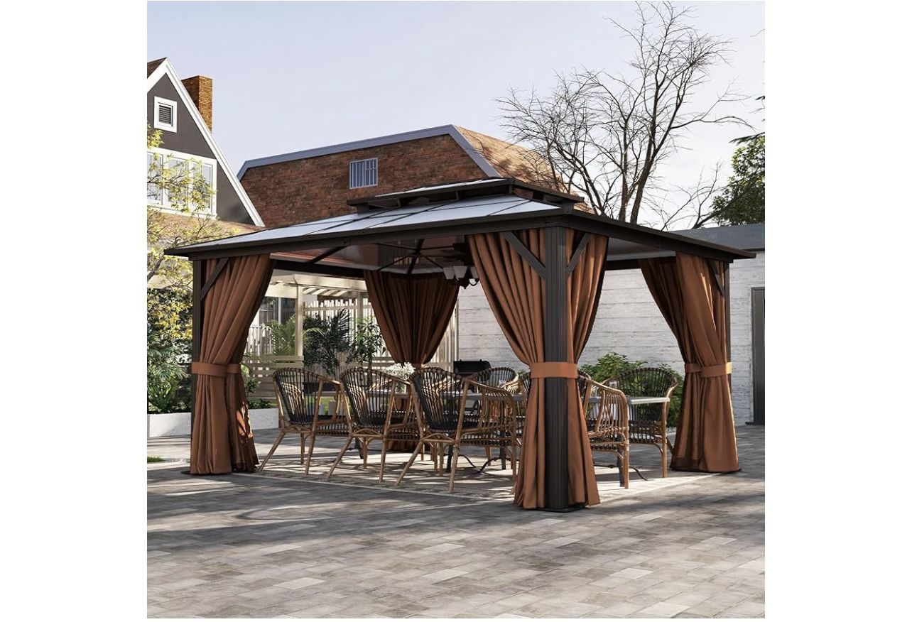 NEW IN BOX, 12’x14’ Polycarbonate Hardtop Gazebo With Curtains And Netting