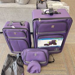 5 Piece Luggage Set, Includes Check, Carry-on Size, Tote, Toiletry Bag and Cinch Bag, Purple, New 