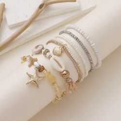 6pcs/Set Seashell & Starfish Beads Elastic String Bracelets, Adorable Beach Vacation