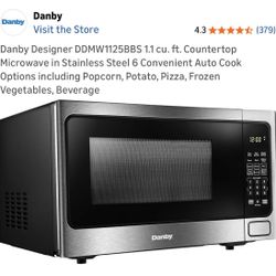 Danby Designer DDMW1125BBS 1.1 cu. ft. Countertop Microwave in Stainless Steel 6 Convenient Auto Cook Options including Popcorn, Potato, Pizza, Frozen