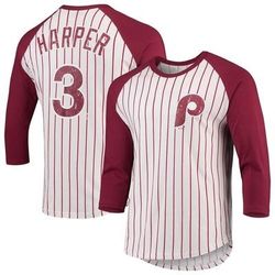 Men's Majestic Threads Bryce Harper White/Burgundy Philadelphia Phillies Softhand Cotton Pinstripe 3/4-Sleeve Raglan T-Shirt