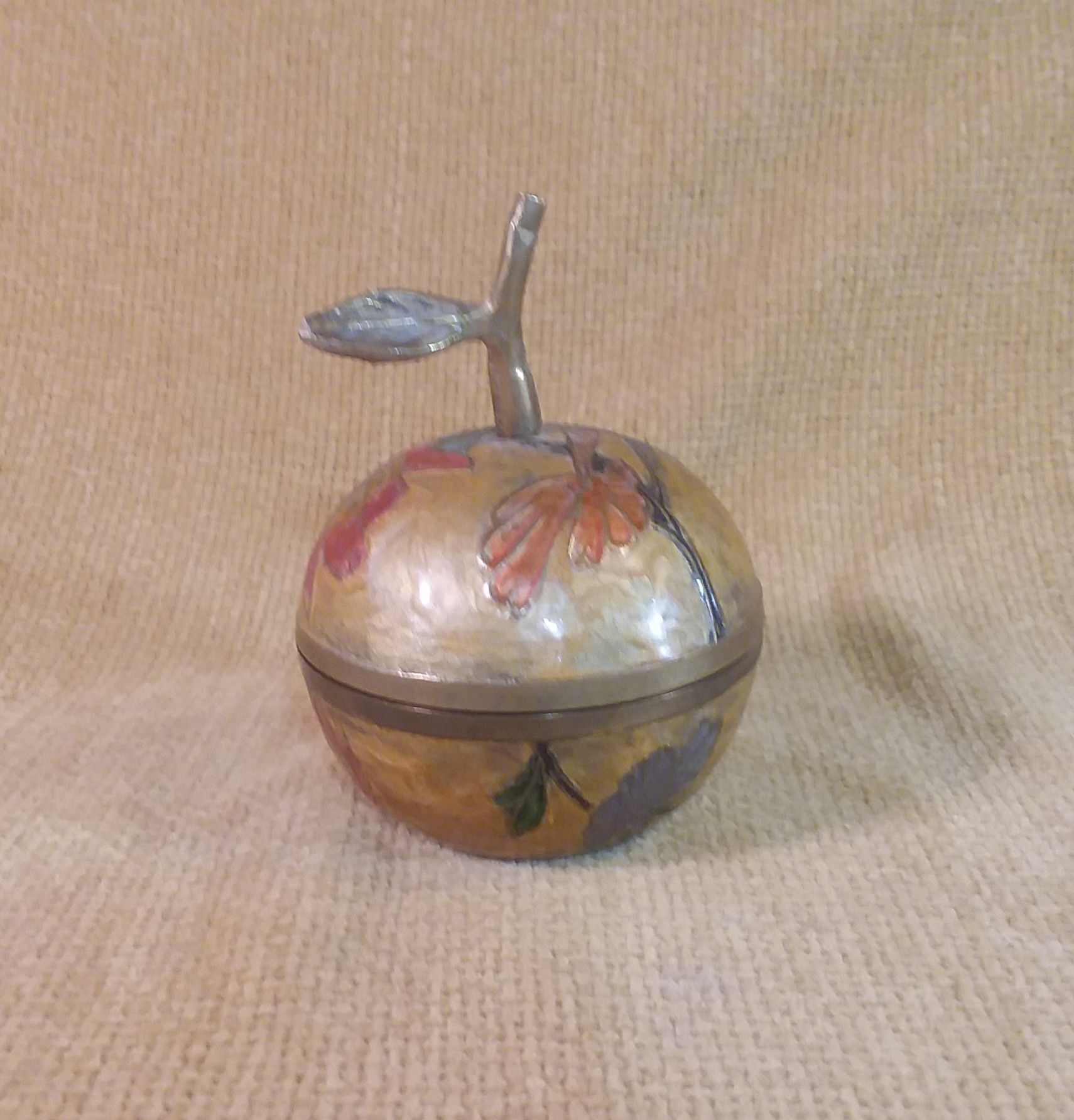 Vintage Brass Enameled Apple Trinket Box