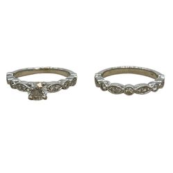 Blue Nile Miligrain Diamond Engagement Ring 14k White Gold GIA & Matching Band