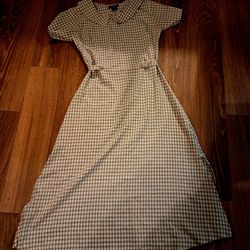 Vtg Retro BeigeBrown/White Small Gingham Print Midi Dress Sz Small