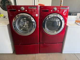 🔥 RED LG Front Load Washer Dryer Set 🔥 Pedestals Included • Steam • Tested