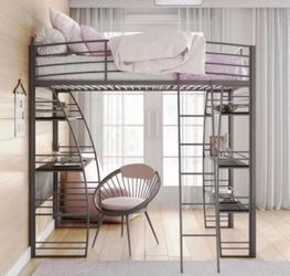 Twin Metal Loft Bed with Integrated Desk and Shelves, Silver