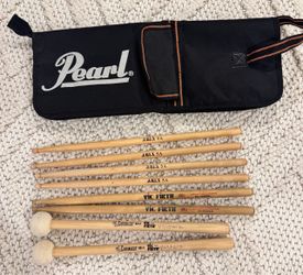 Pearl drumstick bag, Vick Firth drumsticks and mallets