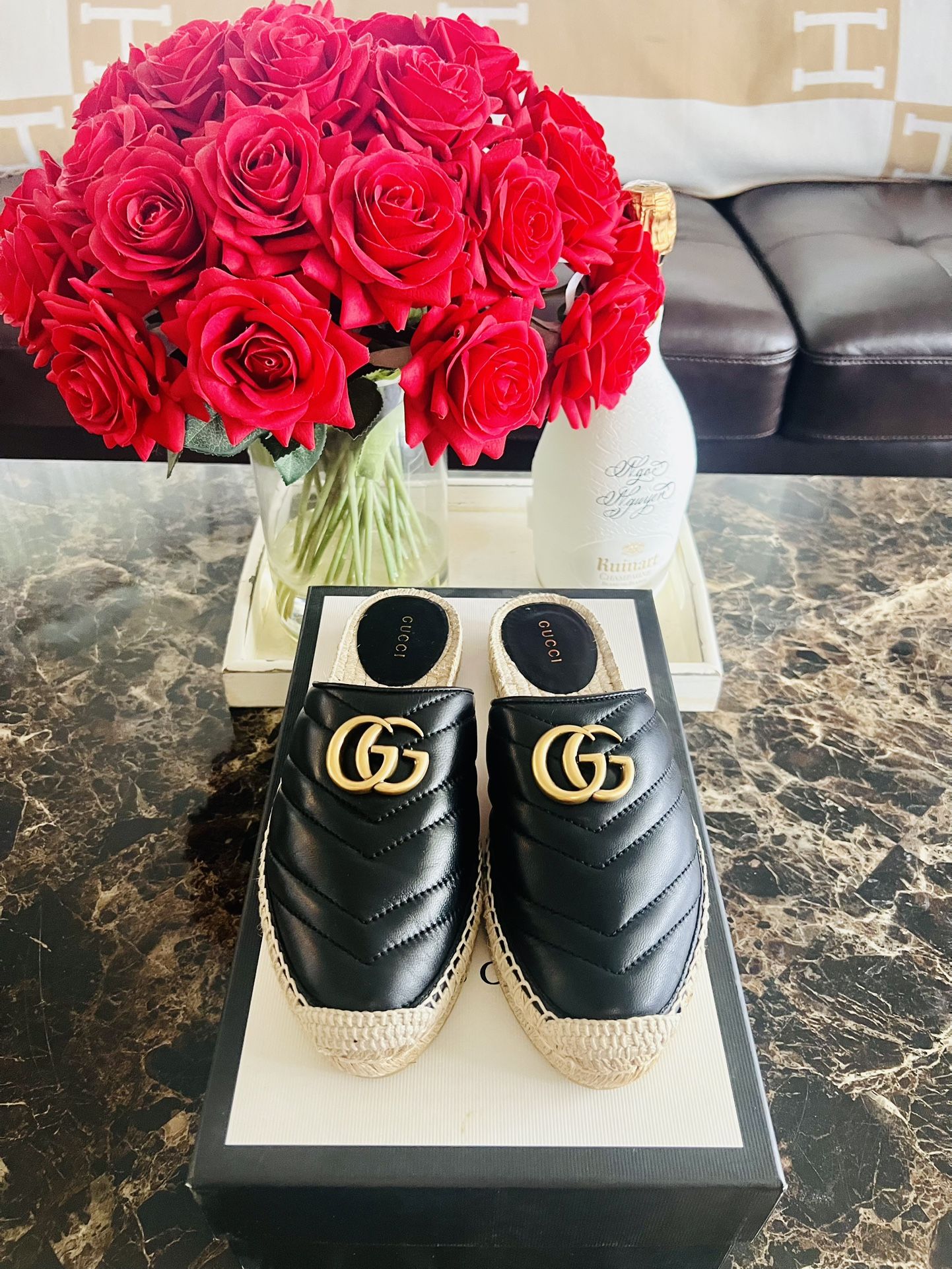 Authentic Gucci Double G Espadrille 'Black Leather