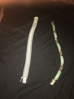 Two silver bracelets one with authentic jade