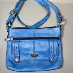Fossil Crossbody Blue Pebble Leather Purse Pop Stitch Organizer Purse Vintage