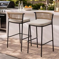 Set of 2 Bar Height Metal Outdoor Bar Stool with White Cushions