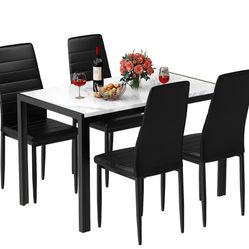 K36 $150  5-Piece Marble Dining Table Set with 4 Pu Leather Metal Frame Chairs for 4, 31.2"H Table 