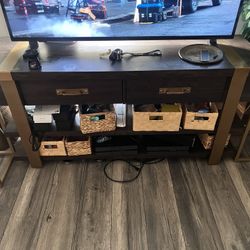 TV console/credenza/bookcase/hallway, table - walnut wood with brass/golden trim 