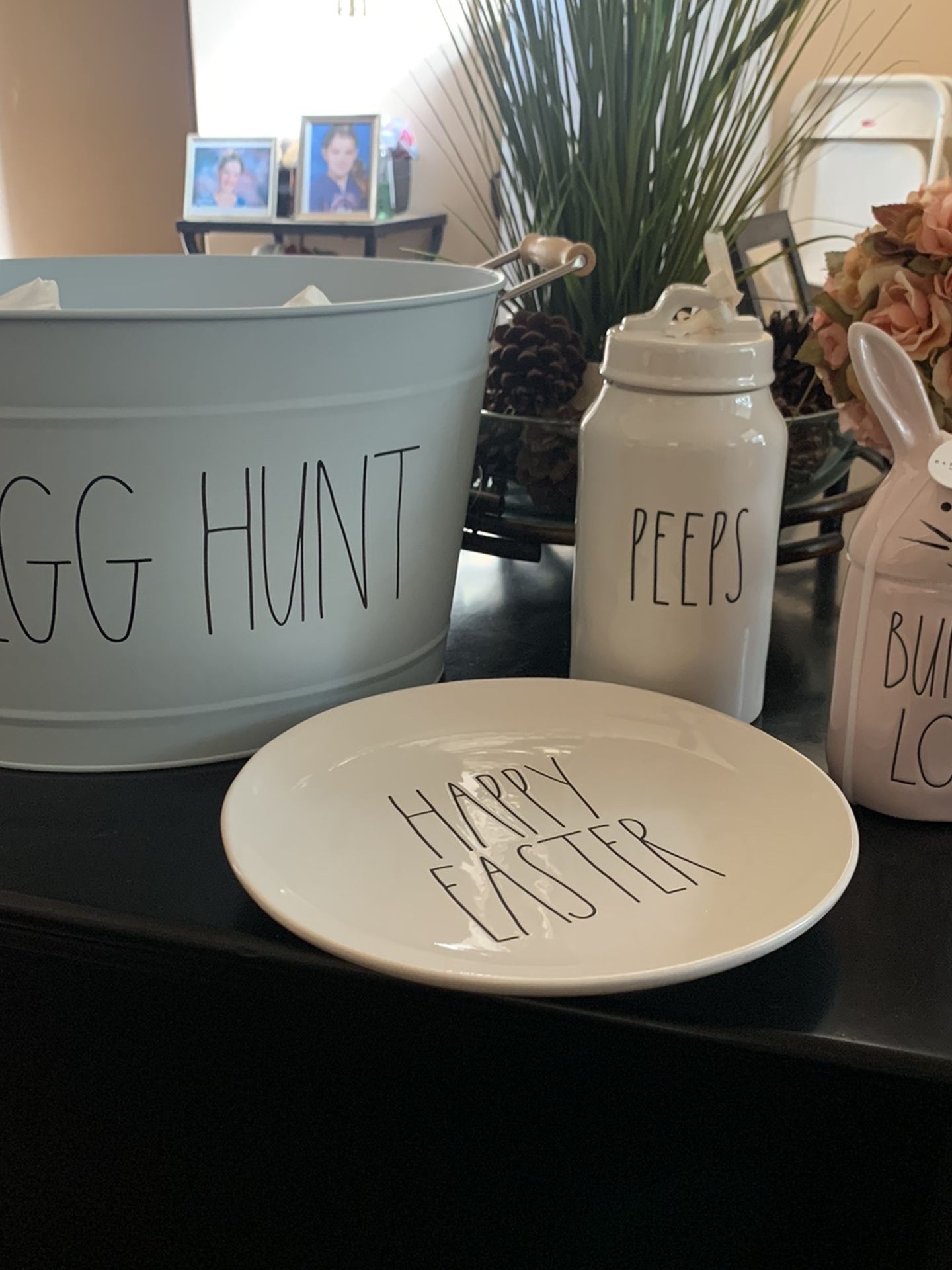 Rae Dunn 40 Egg hunt, Peeps 28, Bunny love 20, happy Easter 15