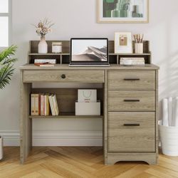 Computer Desk with Drawers, Small Desk with Monitor Stand and File Drawer, Wood Desk with Storage, Writing Desk for Bedroom Home Offic, Grey