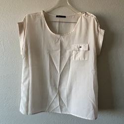 Foreign Exchange, Women’s  Beige Shirtsleeve Front Pocket Blouse, Size L