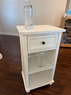 White Wood Nightstand with Drawer and Shelves