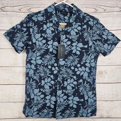 Perry Ellis Mens Dark Sapphire Tropical Leaf Print Camp Button Down Shirt Small