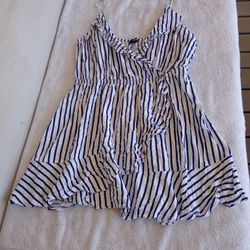 Express Striped V-Neck Ruffle Cami Sun Dress Large Blue White