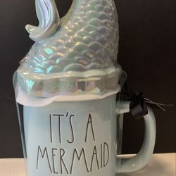 NWT Rae Dunn Little Mermaid Tail Topper Mug Iridescent Double Sided Blue - HTF