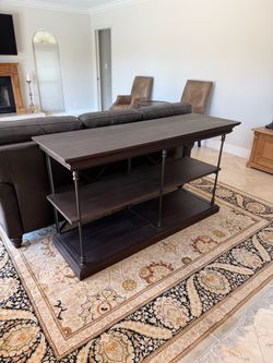 Restoration Hardware Leather Chairs & Parisian Cornice Console Oak & Metal