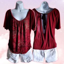Burgundy Oversized Flowy T-Shirt with Black Rhinestones and Swirly Patterns