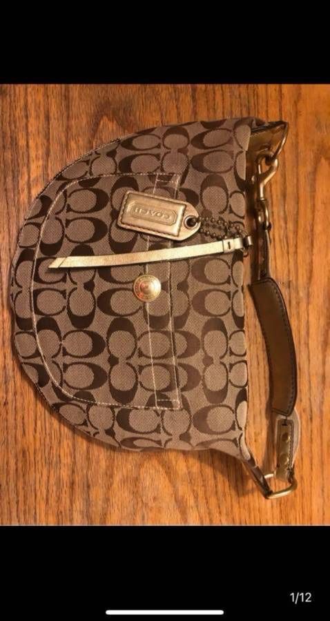 Nice Coach Brown Monogram & Gold Trim Fanny Purse or Handbag Purse 2 Slight Marks