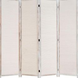 MyGift 4-Panel Freestanding Decorative Vintage White Woven Bamboo Room Divider